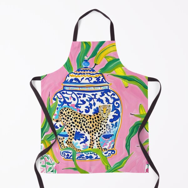 Item preview, Preppy, grandmillennial ginger jars, cheetah and banana leaves on bubblegum pink designed and sold by SophieClimaArt.