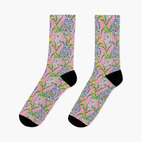 Item preview, Preppy, grandmillennial ginger jars, cheetah and banana leaves on bubblegum pink designed and sold by SophieClimaArt.