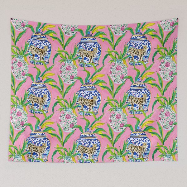 Item preview, Preppy, grandmillennial ginger jars, cheetah and banana leaves on bubblegum pink designed and sold by SophieClimaArt.
