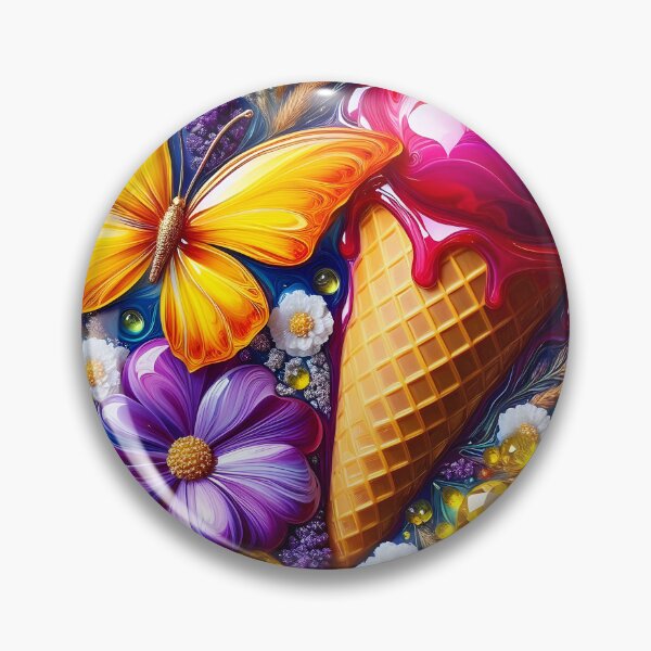 Item preview, red ice cream in cone and yellow crystals, with yellow butterfly and some flowers, lavenders designed and sold by EmeraldeaArt.