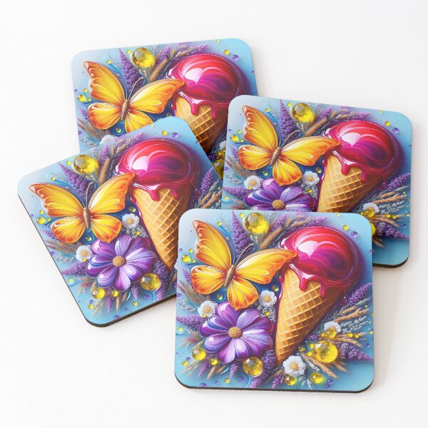 Item preview, red ice cream in cone and yellow crystals, with yellow butterfly and some flowers, lavenders designed and sold by EmeraldeaArt.