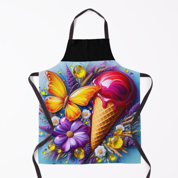 Item preview, red ice cream in cone and yellow crystals, with yellow butterfly and some flowers, lavenders designed and sold by EmeraldeaArt.