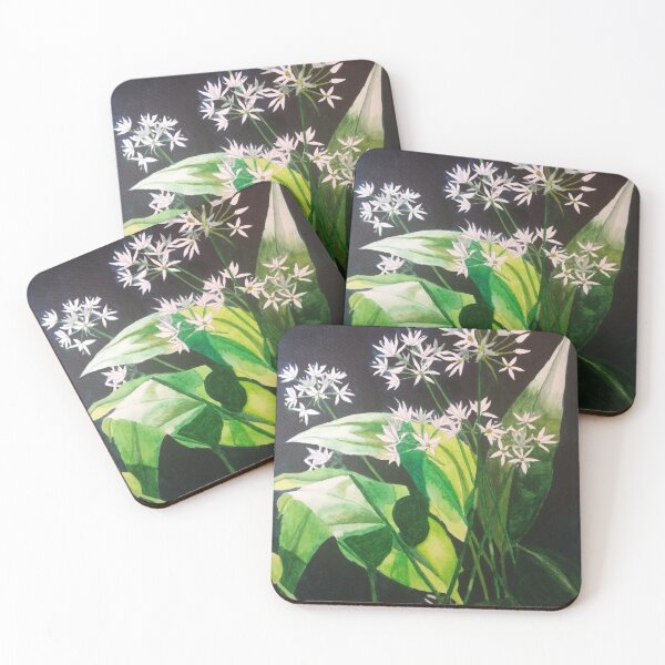 Item preview, Watercolour painting of white garlic flowers (Allium Ursinum) against a dark background. designed and sold by esvb.