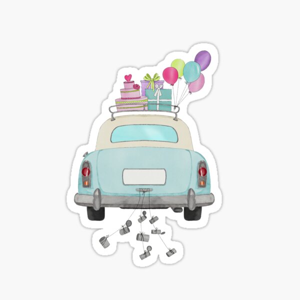 Item preview, Blue Retro Car with wedding cake and cans designed and sold by portosabbia.