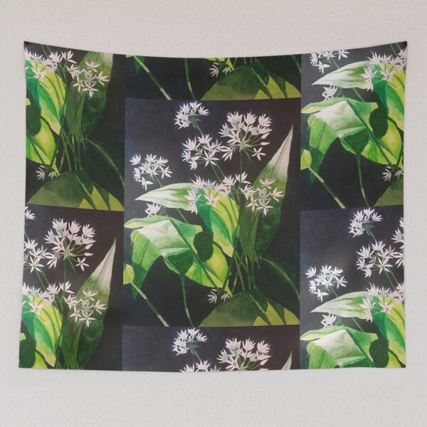 Item preview, Watercolour painting of white garlic flowers (Allium Ursinum) against a dark background. designed and sold by esvb.