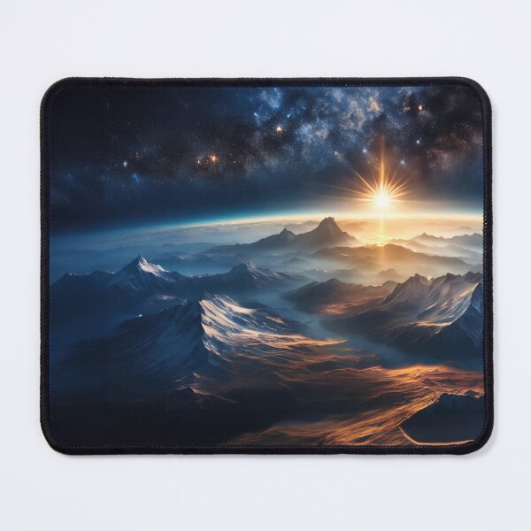 Item preview, Majestic view of mountains amidst clouds under a starry sky with a galaxy visible, showcasing the beauty of nature and universe. Generative Ai designed and sold by homydesign.