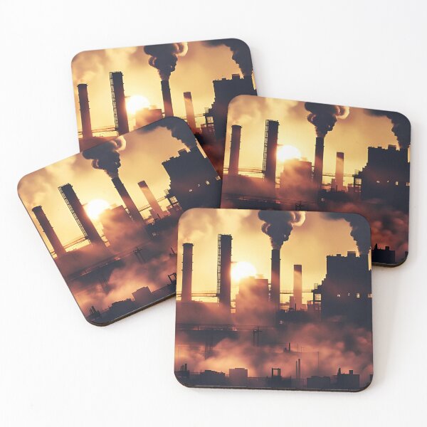 Item preview, Industrial sunset scene with silhouetted structures and smoke, highlighting environmental impact designed and sold by homydesign.