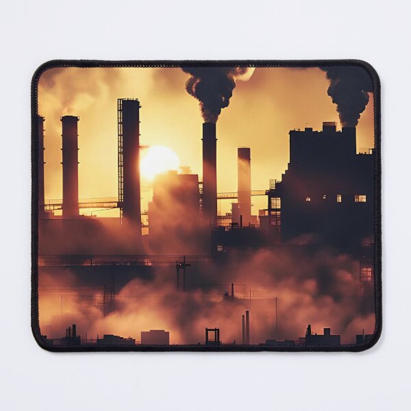Item preview, Industrial sunset scene with silhouetted structures and smoke, highlighting environmental impact designed and sold by homydesign.