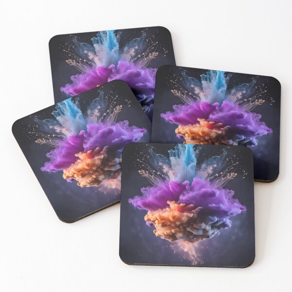 Item preview, A vibrant explosion of colored ink in water, creating an abstract symmetrical plume against a dark background designed and sold by homydesign.