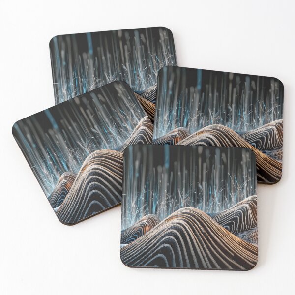 Item preview, A dark landscape with rolling hills, illuminated by glowing vertical strands of blue and white light designed and sold by homydesign.