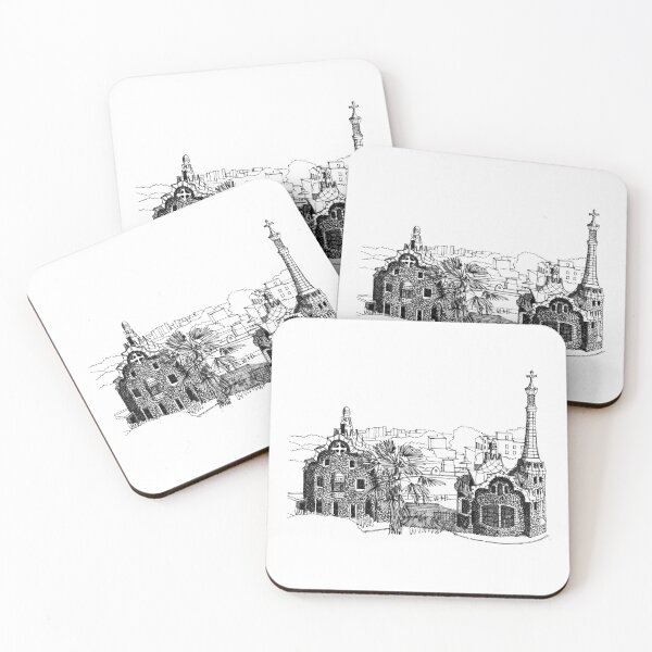 Item preview, Park Güell Barcelona Gaudi hand drawing architecture black and white monochrome architectural drawing designed and sold by junyangcaidraw.