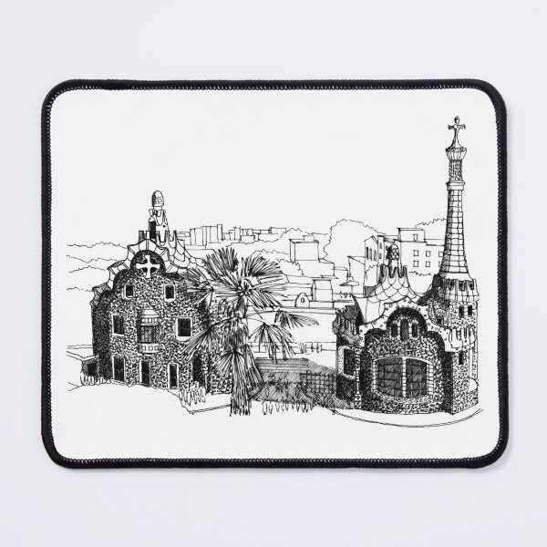 Item preview, Park Güell Barcelona Gaudi hand drawing architecture black and white monochrome architectural drawing designed and sold by junyangcaidraw.