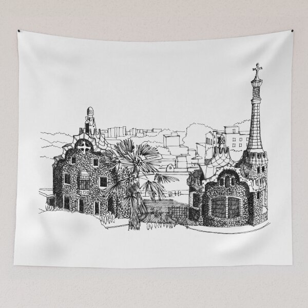 Item preview, Park Güell Barcelona Gaudi hand drawing architecture black and white monochrome architectural drawing designed and sold by junyangcaidraw.