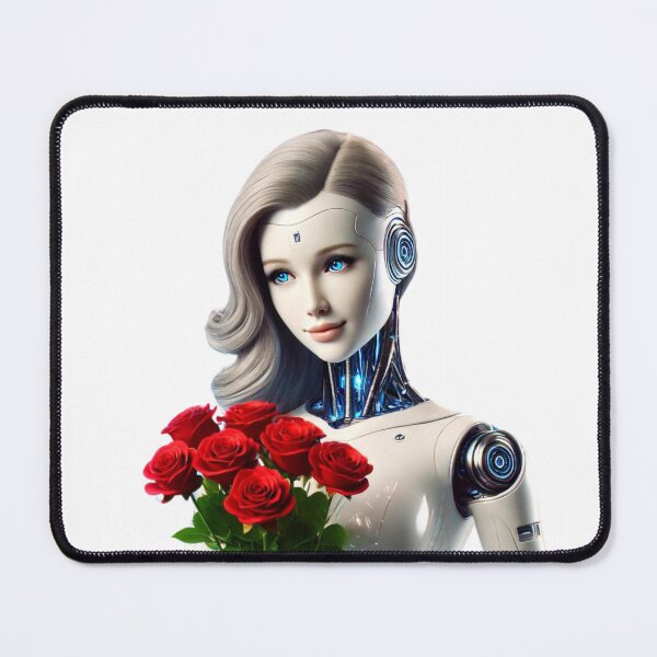 Artikelvorschau, Elegante KI-Roboterfrau mit Rosenstrauß und blau-silbernem Kleid entworfen und verkauft von WhiteDoveArt.