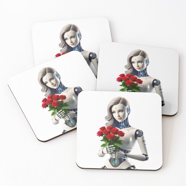 Item preview, Elegante mujer robot AI con ramo de rosas y vestido azul plateado designed and sold by WhiteDoveArt.