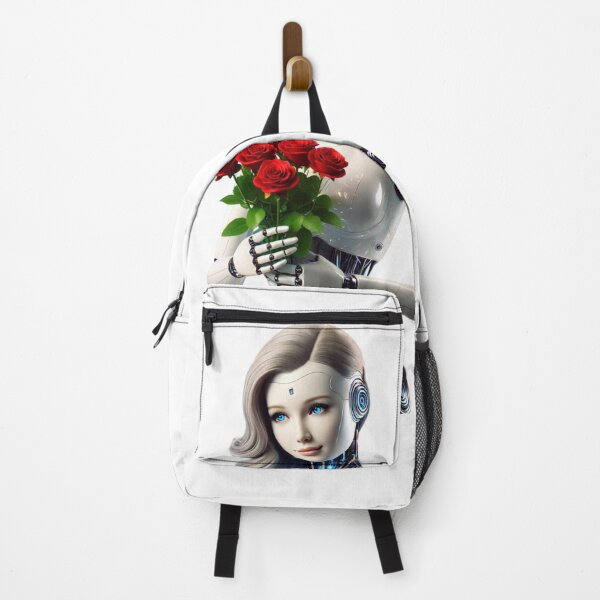 Item preview, Elegante mujer robot AI con ramo de rosas y vestido azul plateado designed and sold by WhiteDoveArt.