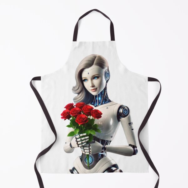 Item preview, Elegante mujer robot AI con ramo de rosas y vestido azul plateado designed and sold by WhiteDoveArt.
