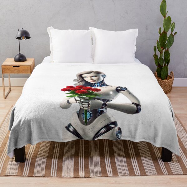 Artikelvorschau, Elegante KI-Roboterfrau mit Rosenstrauß und blau-silbernem Kleid entworfen und verkauft von WhiteDoveArt.