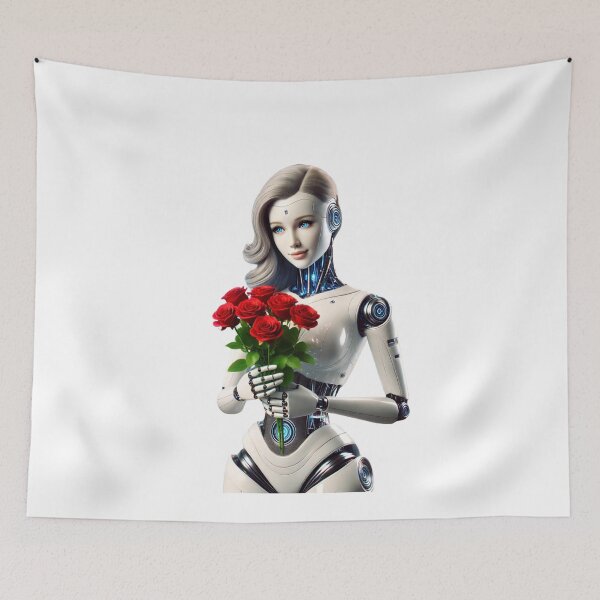 Artikelvorschau, Elegante KI-Roboterfrau mit Rosenstrauß und blau-silbernem Kleid entworfen und verkauft von WhiteDoveArt.