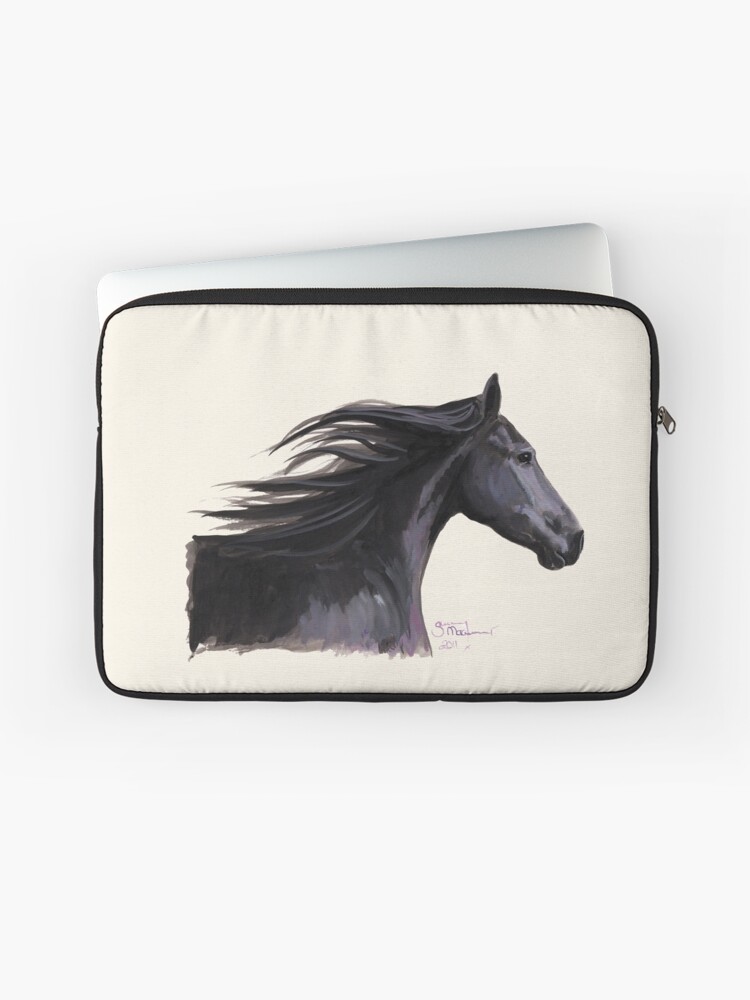 Aperçu 1 sur 2. Housse d'ordinateur avec l'œuvre Cheval frison noir 'BREEZE' par Shirley MacArthur créée et vendue par ShirleyMacA.