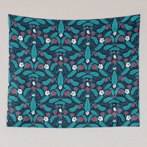 Item preview, Raspberry Tangle Teal Woodcut with fruit and flowers designed and sold by ArtOfSmallJoys.