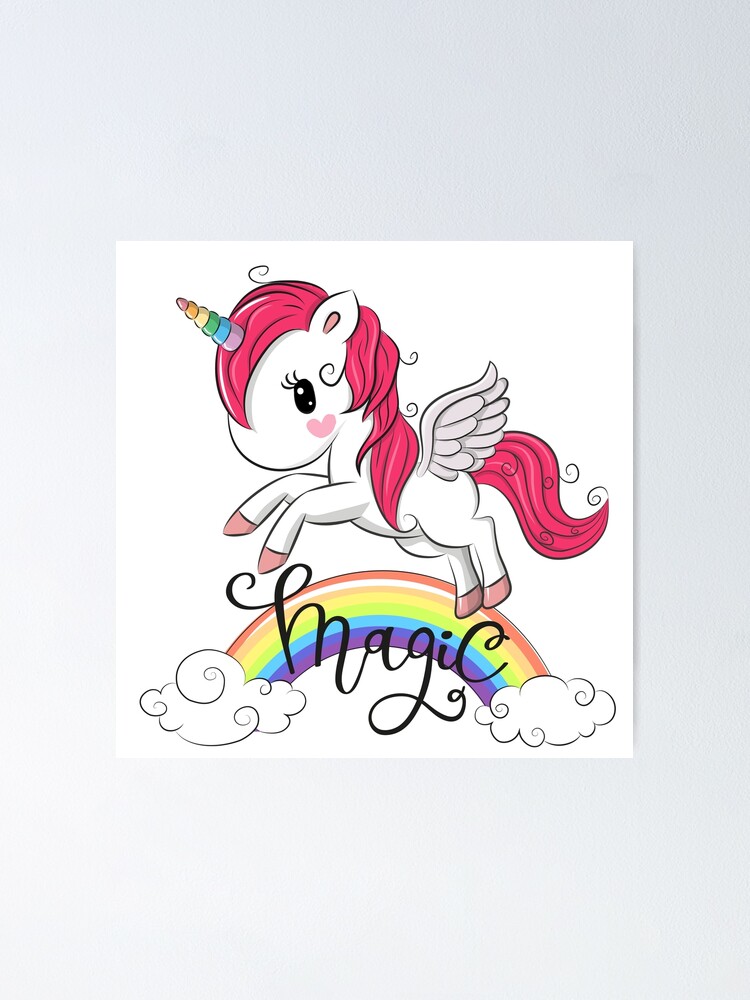 Cartoon Unicorn Is Flying Under The Rainbow Poster By Reginast777 Redbubble