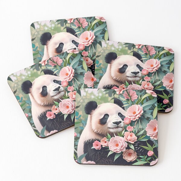 Item preview, Happy Cute Panda Between Pastel Pink Flowers /AI Art/ #44 designed and sold by AI-Floral-Art.