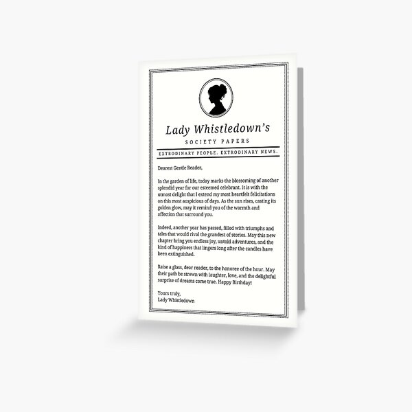 Aperçu de l'œuvre Carte d'anniversaire inspirée de Lady Whistledown Society Paper Bridgerton créée et vendue par tziggles.