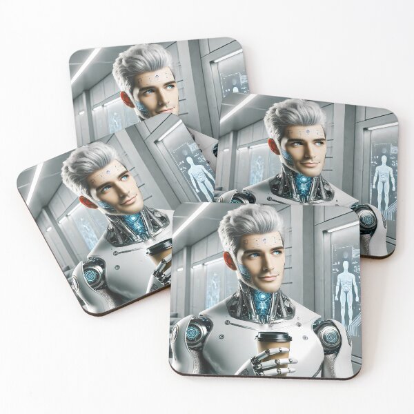 Item preview, Futuristic Cybernetic Human Enjoying Coffee in a High-Tech Lab designed and sold by WhiteDoveArt.