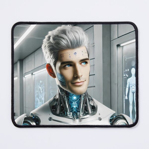 Item preview, Futuristic Cybernetic Human Enjoying Coffee in a High-Tech Lab designed and sold by WhiteDoveArt.