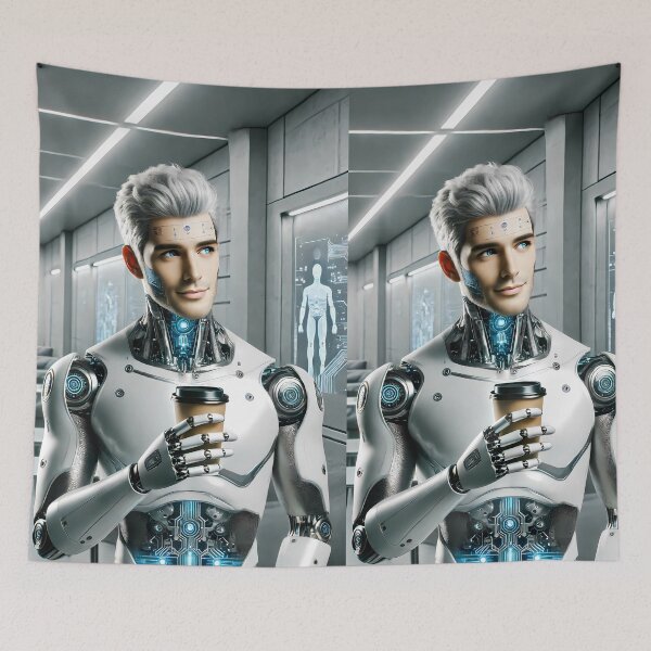 Item preview, Futuristic Cybernetic Human Enjoying Coffee in a High-Tech Lab designed and sold by WhiteDoveArt.
