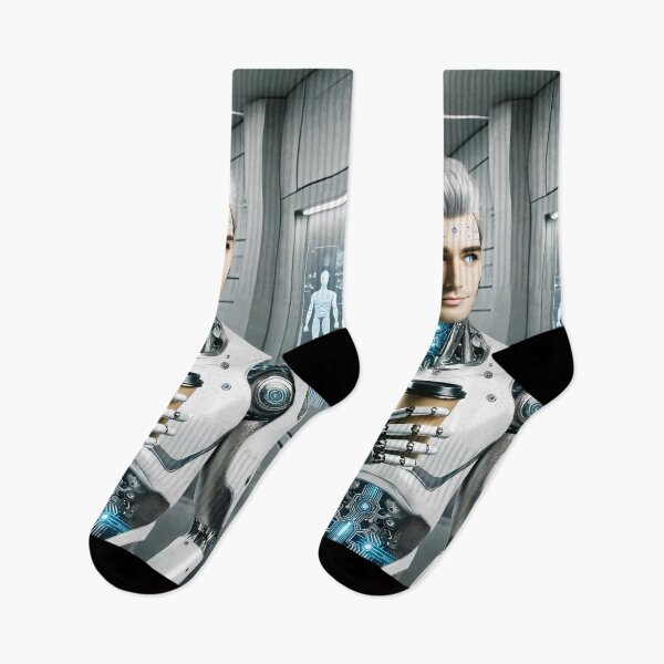 Item preview, Futuristic Cybernetic Human Enjoying Coffee in a High-Tech Lab designed and sold by WhiteDoveArt.