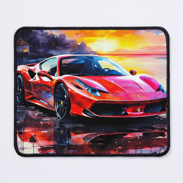 Item preview, Red Ferrari 488 At Sunset Reflection, Watercolor Style designed and sold by RevUpDesign.