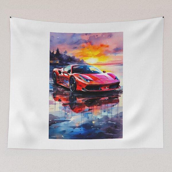 Item preview, Red Ferrari 488 At Sunset Reflection, Watercolor Style designed and sold by RevUpDesign.
