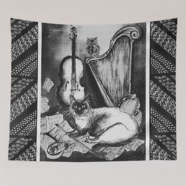 Item preview, MUSICAL CAT AND OWL WITH MUSIC INSTRUMENTS Black and White Watercolor by Bulgan Lumini designed and sold by BulganLumini.