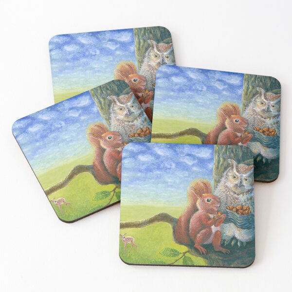 Item preview, Red Squirrel and Wise Owl with Hazelnuts Illustration designed and sold by Julia Doria.