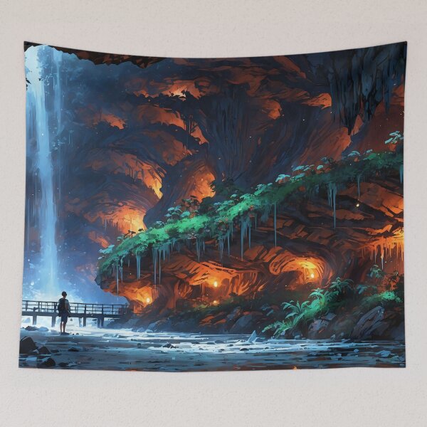 Item preview, Cavern of Cascades A Tranquil Refuge Amidst Fiery Depths designed and sold by ArtComixHaven.