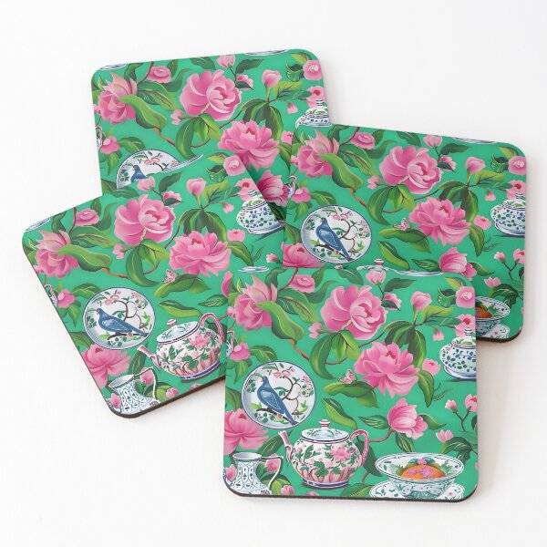 Item preview, Pink flowers and antique porcelain on bright green designed and sold by SophieClimaArt.