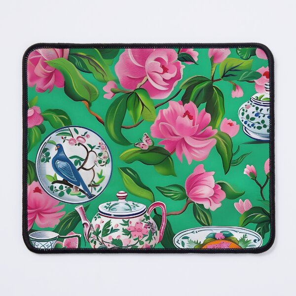 Item preview, Pink flowers and antique porcelain on bright green designed and sold by SophieClimaArt.