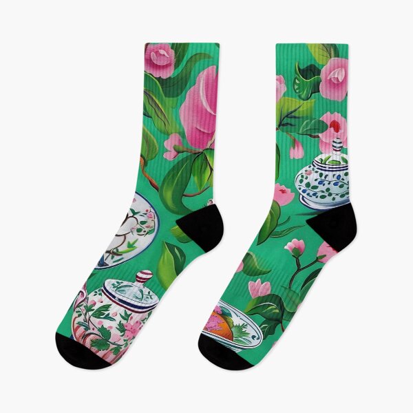 Item preview, Pink flowers and antique porcelain on bright green designed and sold by SophieClimaArt.