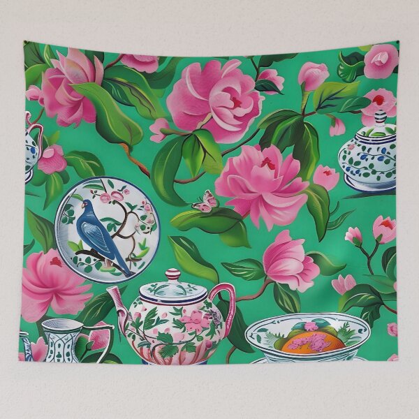 Item preview, Pink flowers and antique porcelain on bright green designed and sold by SophieClimaArt.