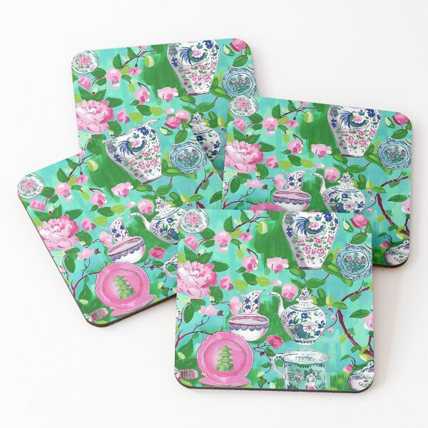 Item preview, Chinoiserie pink flowers, leaves, branches and porcelain on turquoise designed and sold by SophieClimaArt.