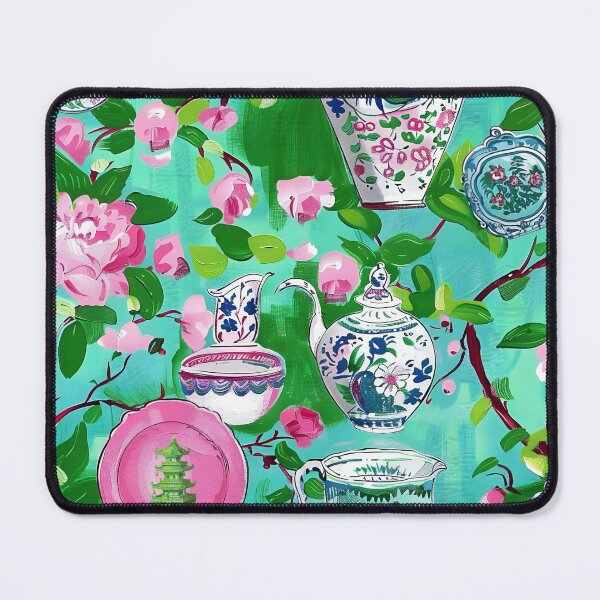 Item preview, Chinoiserie pink flowers, leaves, branches and porcelain on turquoise designed and sold by SophieClimaArt.