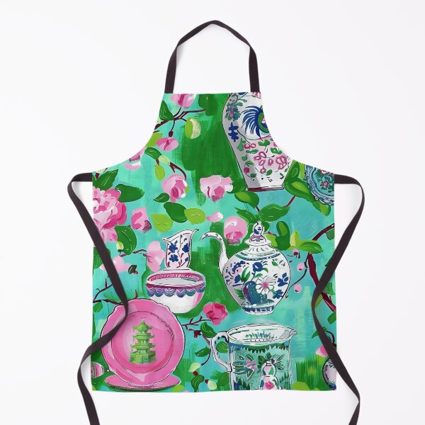 Item preview, Chinoiserie pink flowers, leaves, branches and porcelain on turquoise designed and sold by SophieClimaArt.