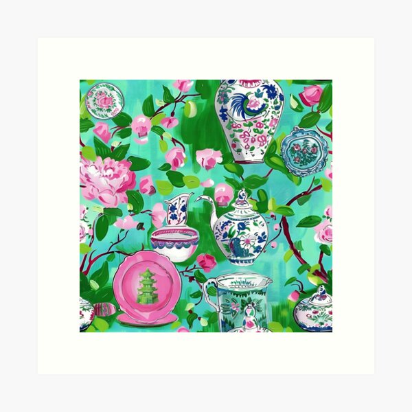 Item preview, Chinoiserie pink flowers, leaves, branches and porcelain on turquoise designed and sold by SophieClimaArt.