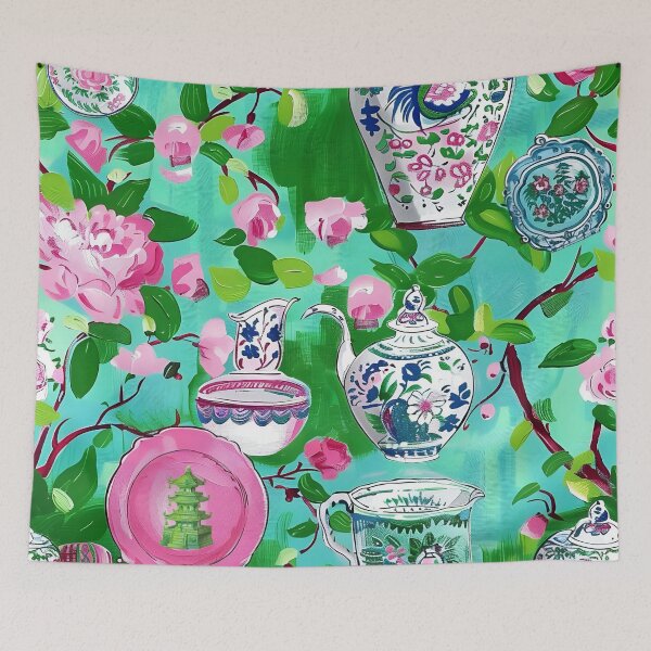 Item preview, Chinoiserie pink flowers, leaves, branches and porcelain on turquoise designed and sold by SophieClimaArt.