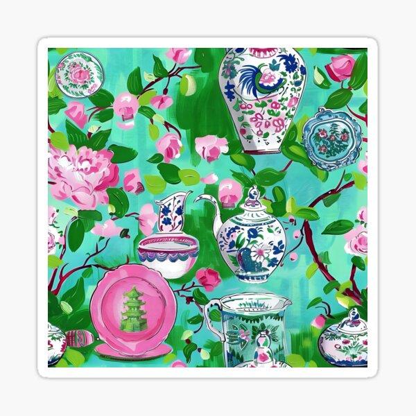 Item preview, Chinoiserie pink flowers, leaves, branches and porcelain on turquoise designed and sold by SophieClimaArt.
