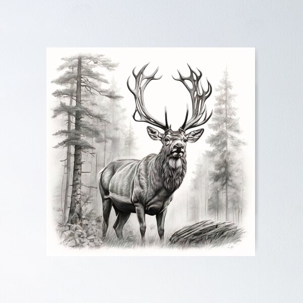 Item preview, Black and white deer pencil drawing designed and sold by Pencil-Art.
