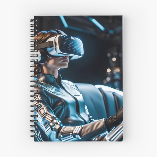 Item preview, Young woman dressed with futuristic clothing and gloves experiencing futuristic virtual reality glasses seated on a living room sofa. Generative Ai designed and sold by homydesign.