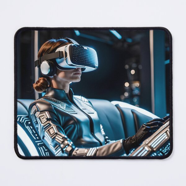 Item preview, Young woman dressed with futuristic clothing and gloves experiencing futuristic virtual reality glasses seated on a living room sofa. Generative Ai designed and sold by homydesign.